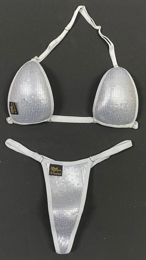 Bikíni fita brasileiro de tecido branco paetê