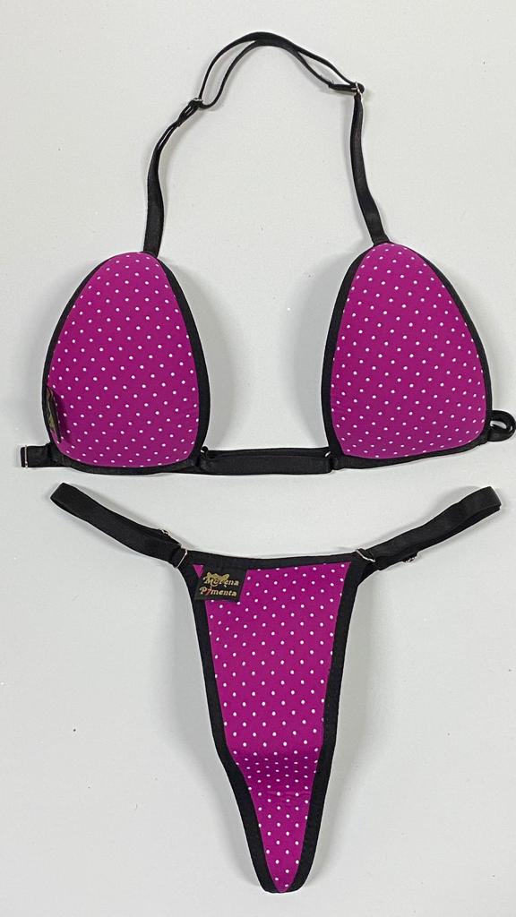 Bikíni fita brasileiro de tecido poá rosa e branco